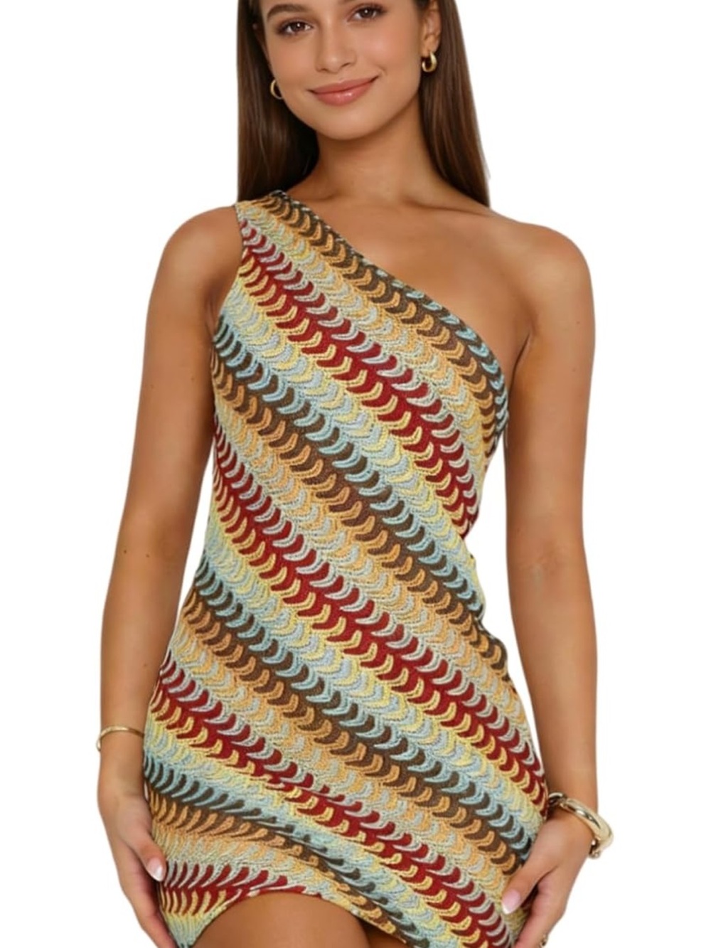 One-Shoulder Multicolor Crochet Bodycon Dress